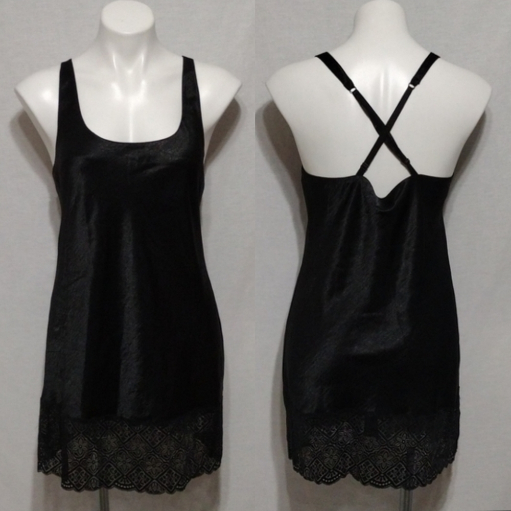 Victoria's Secret Gold Label Black Satin Slip Dress Medium Cross Back Lace Hem